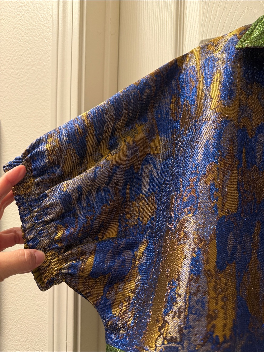 THML Blue, Green & Gold Metallic Short-Sleeve Jacquard Blouse - Picture 4 of 8